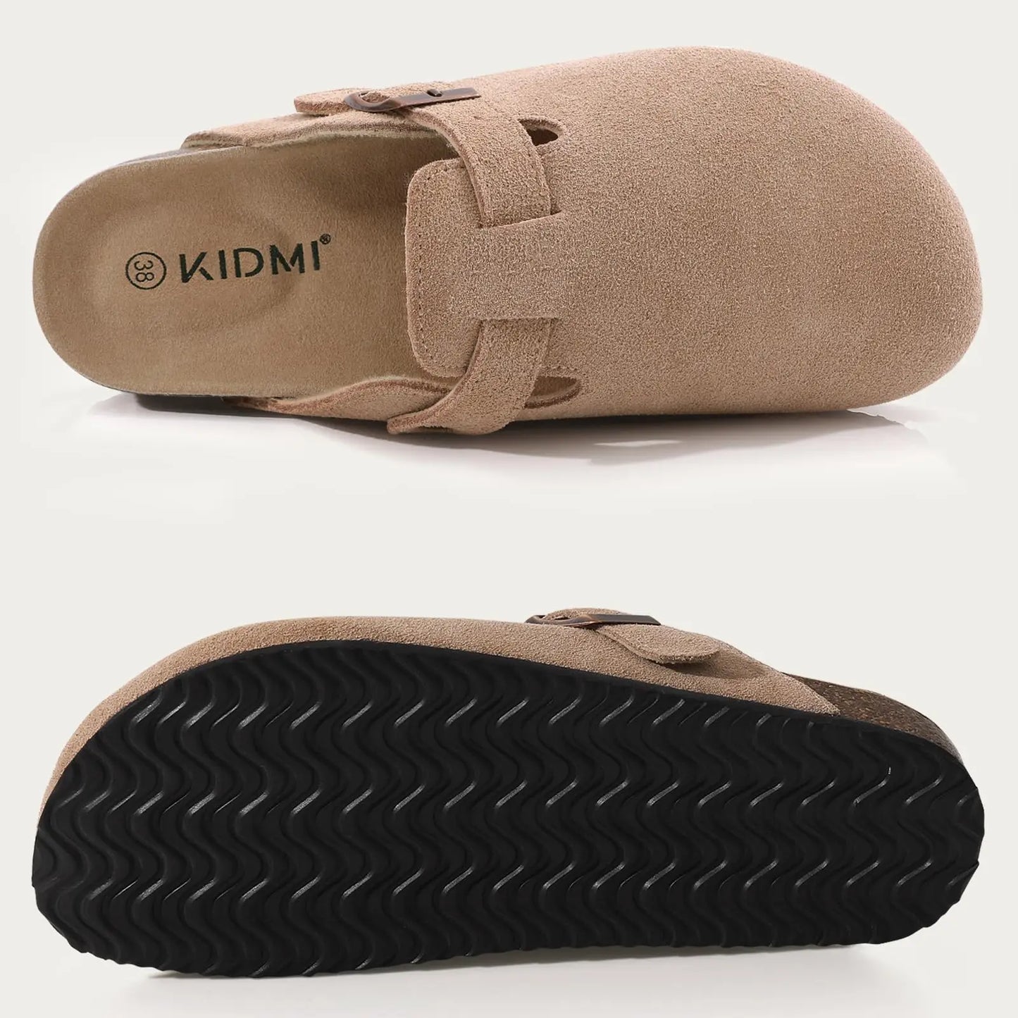 Shevalues Women Cow Suede Clogs With Adjustable Buckle Cork Leather Mules Comfortable Slip on Women Slippers Outdoor Cork Clogs