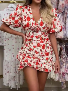White Red Floral Ruched Puff Sleeve Mini Dress V-neck Ruffle Hem 3d Rose Dresses 2026 Summer Lady Party Sweet Date Vestidos New