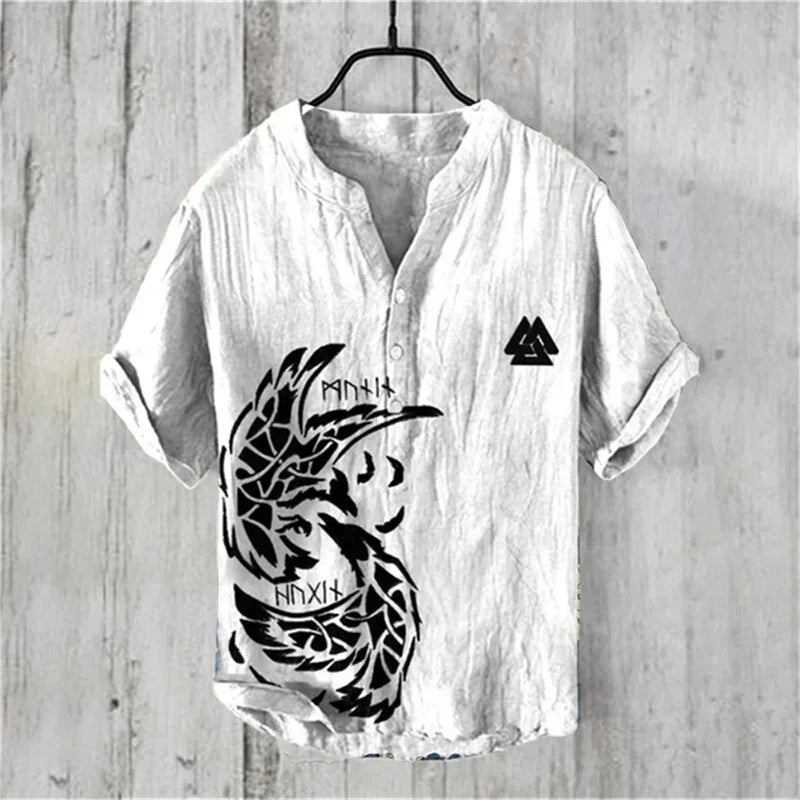 Summer New Men's Short Sleeve Shirt Pattern Art Print Men's 100% Linen Button Shirt Short Sleeve Comfort Shirt