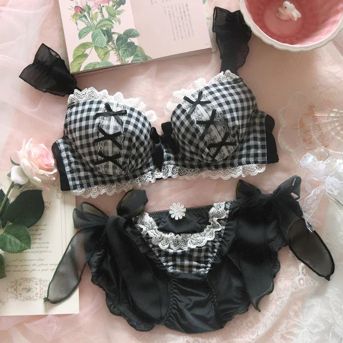 Ensemble de lingerie pour femme Wriufred, soutien-gorge push-up avec armatures et culotte, doux, sexy et mignon, ensemble de sous-vêtements à carreaux noirs