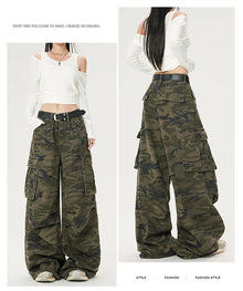 Women's Green Camouflage Workwear Pants Jeans Y2K American High Street Harajuku Loose Wide Leg Long Jeans Casual Clothing 2026