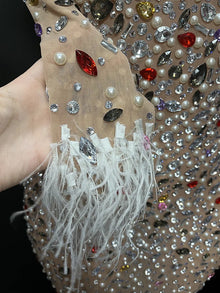 Sparkly pearl Rhinestone Transparent Long Dress Evening Birthday Celebrate Party Luxurious Costume Dancer Flashing Dress