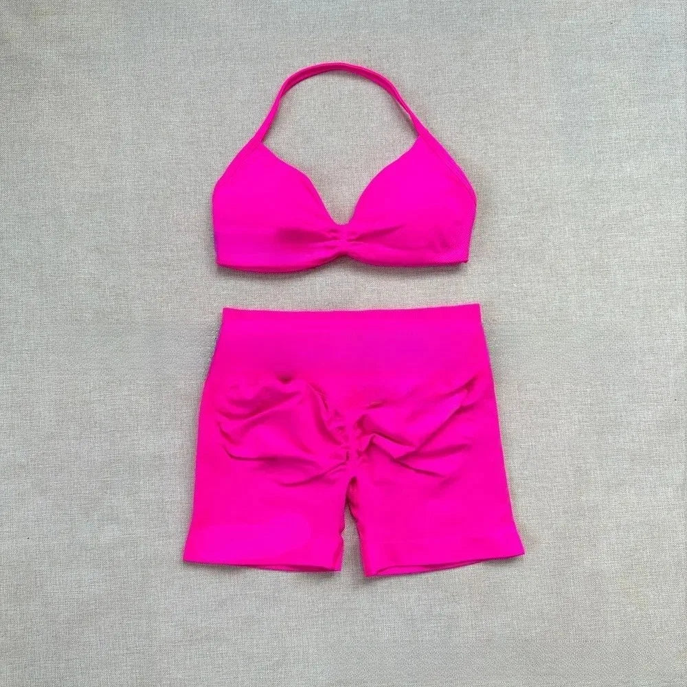 NO Logo Gym impact shorts set Strap Top Women's Long Line Strap Vest Pads Yoga Clothes Fitness Exercise Running Sports Clothes