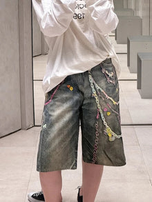 3D Candy Chain Print Baggy Jeans Shorts for Men Streetwear Summer Wide Leg Patchwork Casual Loose Knee Length Pants Oversized