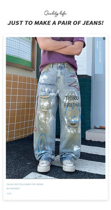 2026 New Street Graffiti Ripped Painted Jeans for Men, Straight Loose Wide-Leg Trendy Brand, Cool and High-End