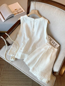 Summer 2025 Women's Embroidered Lace Trim Linen Two-Piece Set Sleeveless Top And Shorts Outfit Elegant And Proper Fashionable
