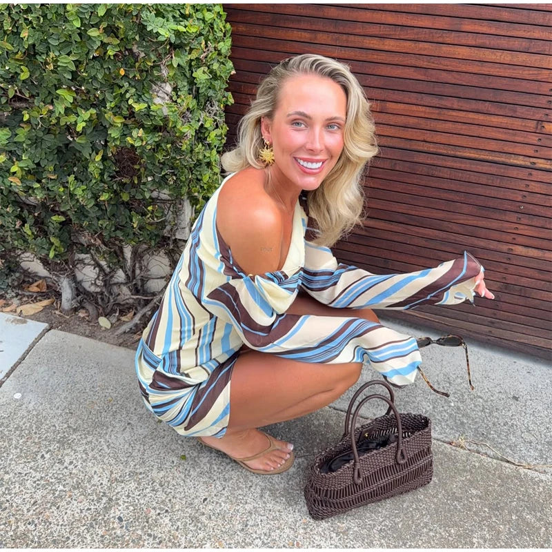 Women Rainbow Diagonal Stripe Maxi Dress One Shoulder Strap Slim Bodycon High Slit Knit Vestido Summer Beach Vacation Outfit