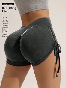 Drawstring frosted shorts for women, peach lifting buttocks, fitness cycling, three part pants, running sports, frosted shorts