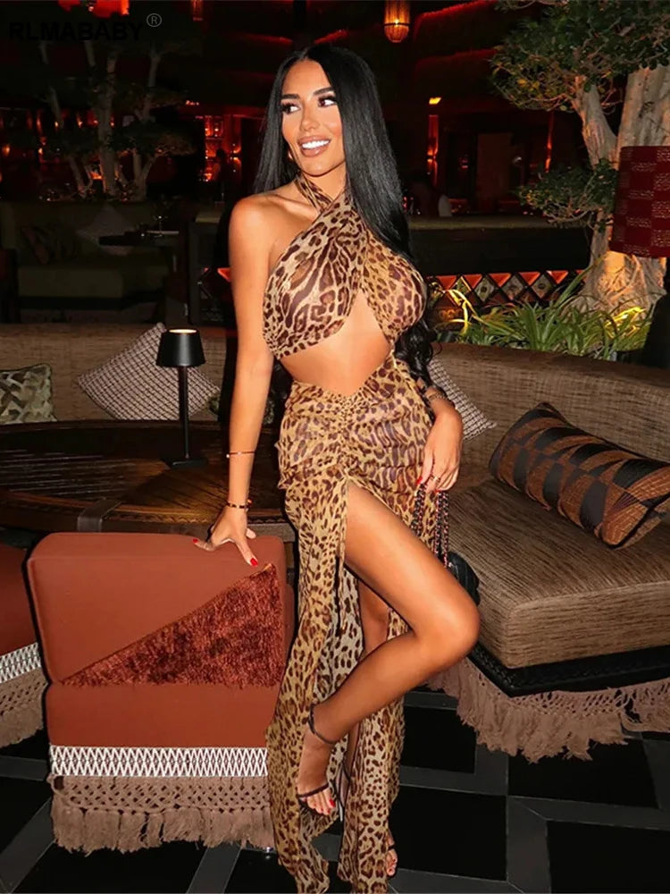 RLMABABY Summer Women Leopard Backless Ruched Beach Maxi Fit Bodycon Dress Sexy Hollow Out High Split Club Party Prom Long Dress