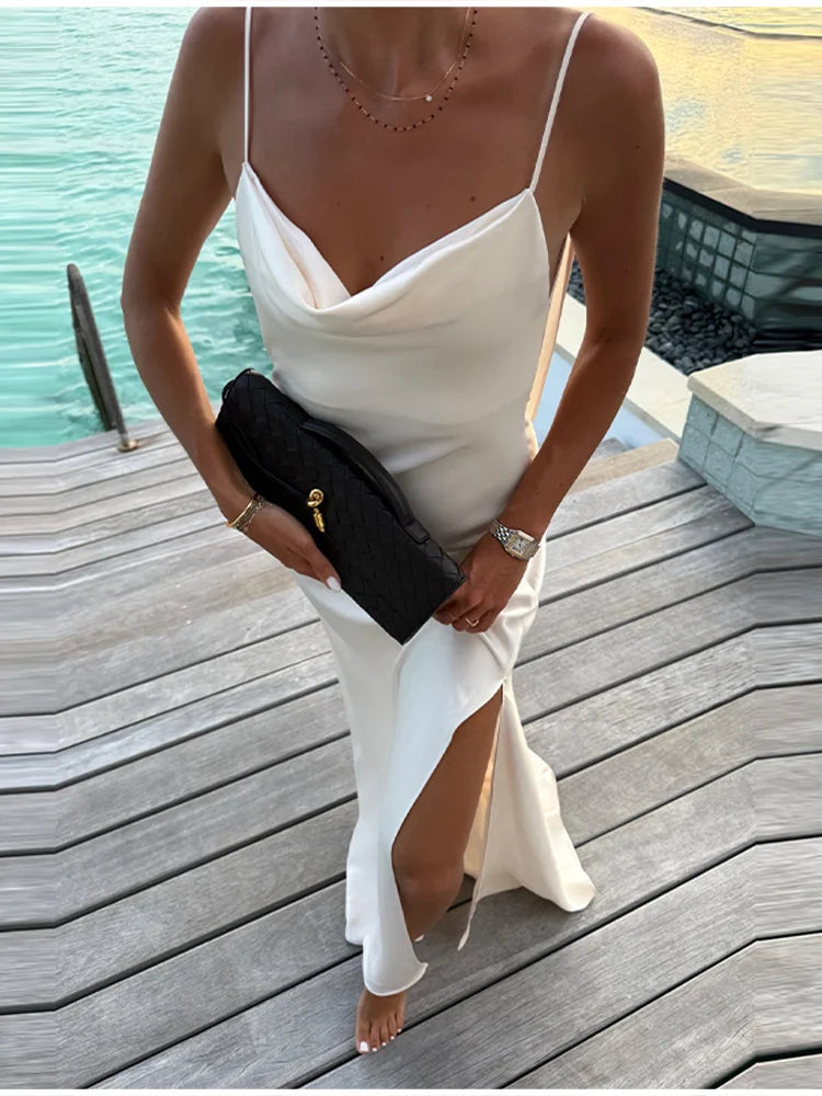 Luxury White Satin Backless Veatido Women Sexy Spaghetti Strap V-neck High Split Midi Dress Vacation Evening Party Beach Outfits