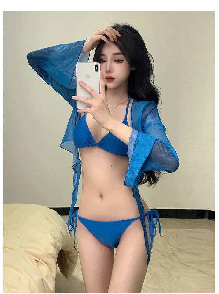 Pure Desire Women's Bikini Swimsuit Set Conservative Slimming Small Chest Gathered Holiday Swimwear Four-Piece Ensemble