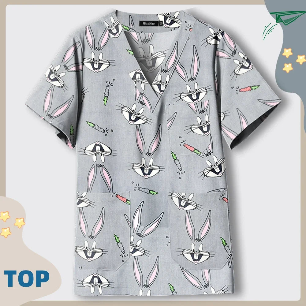 Print Dogs/Cats/Rabbit Scrub Tops Women Men Medical Scrub Shirts Pet Shop Vet Workwear Doctor Nurse Uniform Dentist Overalls Cap