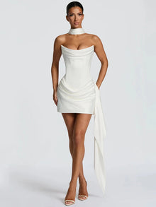 Elegant White Strapless Mini Dress For Women Luxury Corset Ribbon Ruched Short Curvy Dresses Pink Birthday Wedding Guest Summer