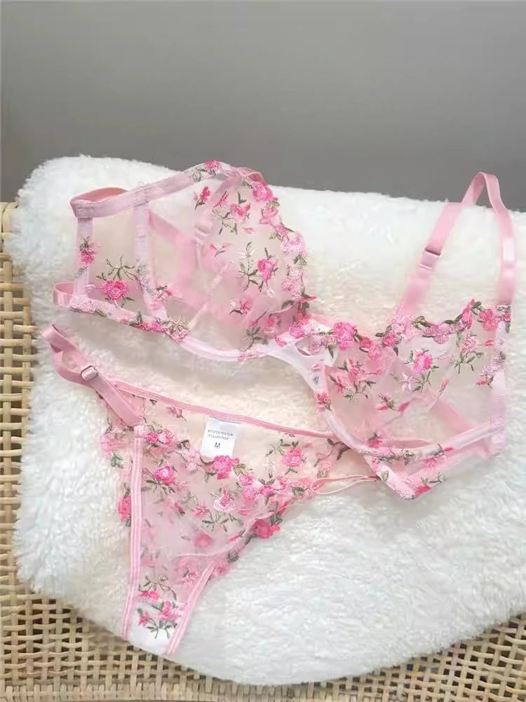 YUQI French Style Luxury Lingerie-Floral Embroidery Black Sheer Bra Set, Sensual Women's Intimates Elegant Transparent Underwear