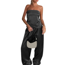 Women Satin Tube Top Pants Set 2 Piece Backless Lace Up Crop Tops Wide Leg Pants Y2k Coquette Clubwear Party Matching Outfits