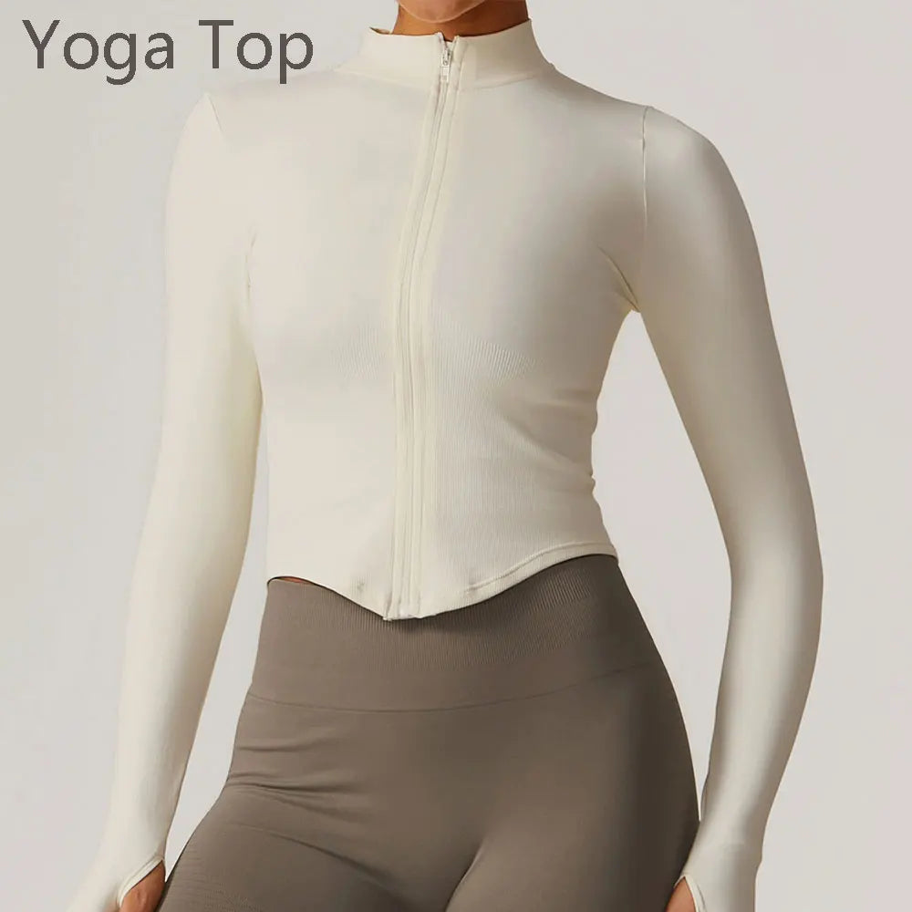 Seamless Zipper Long Sleeve Women Crop Top Yoga T Shirts