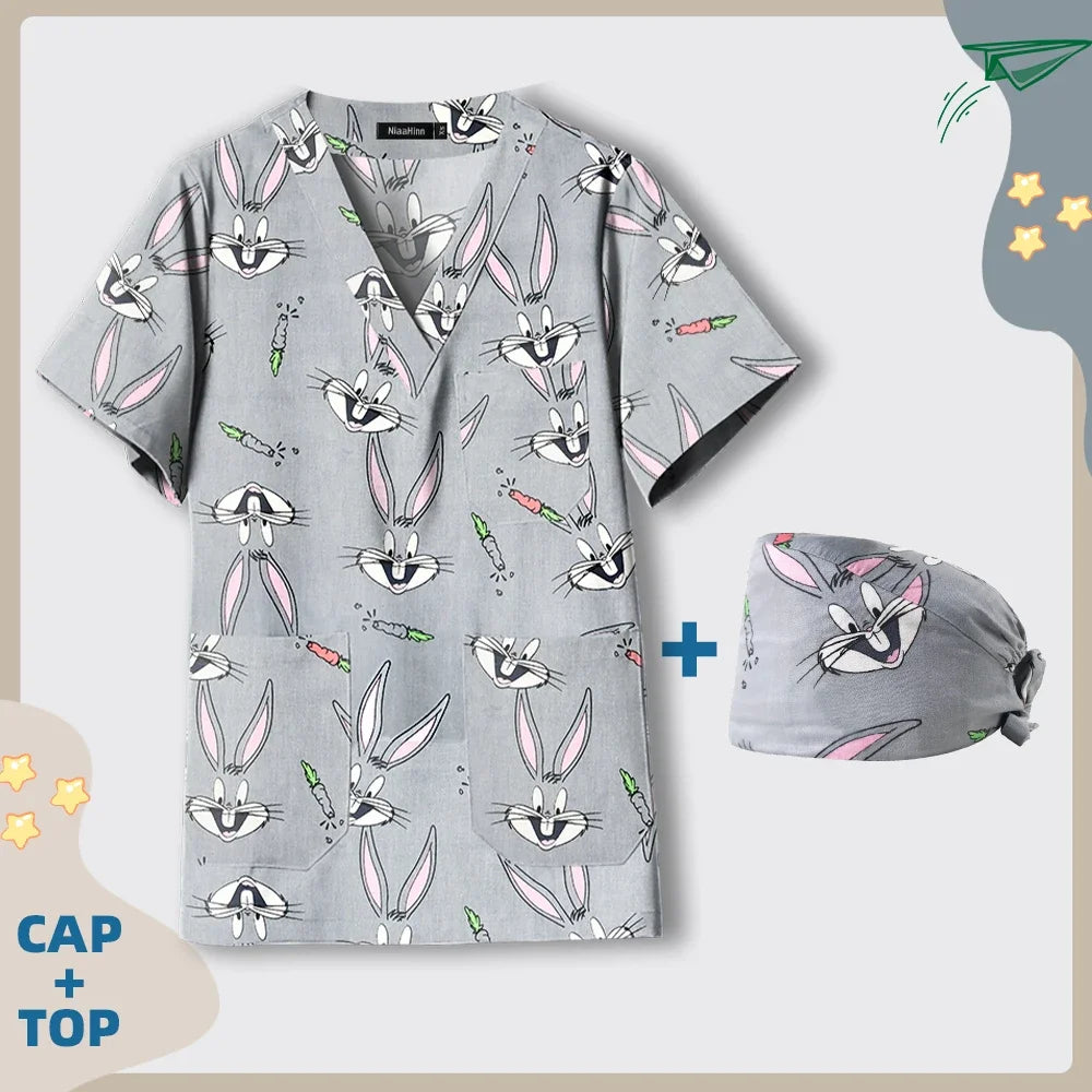 Print Dogs/Cats/Rabbit Scrub Tops Women Men Medical Scrub Shirts Pet Shop Vet Workwear Doctor Nurse Uniform Dentist Overalls Cap