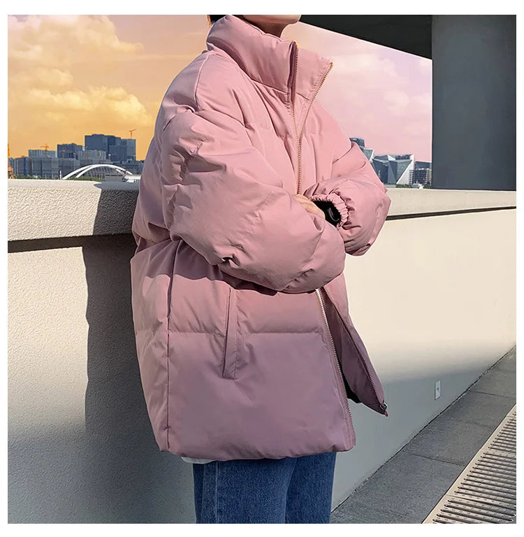 Streetwear Harajuku Warm Men's Winter Coat Solid Color Casual Parka Stand Collar Fashion Oversize Women's Winter Jacket
