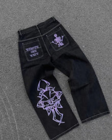 Retro Skull Embroidery Y2K Jeans Mens Hip Hop Washed Baggy Denim Pants New Straight Casual Loose Wide Leg Trouser Streetwear