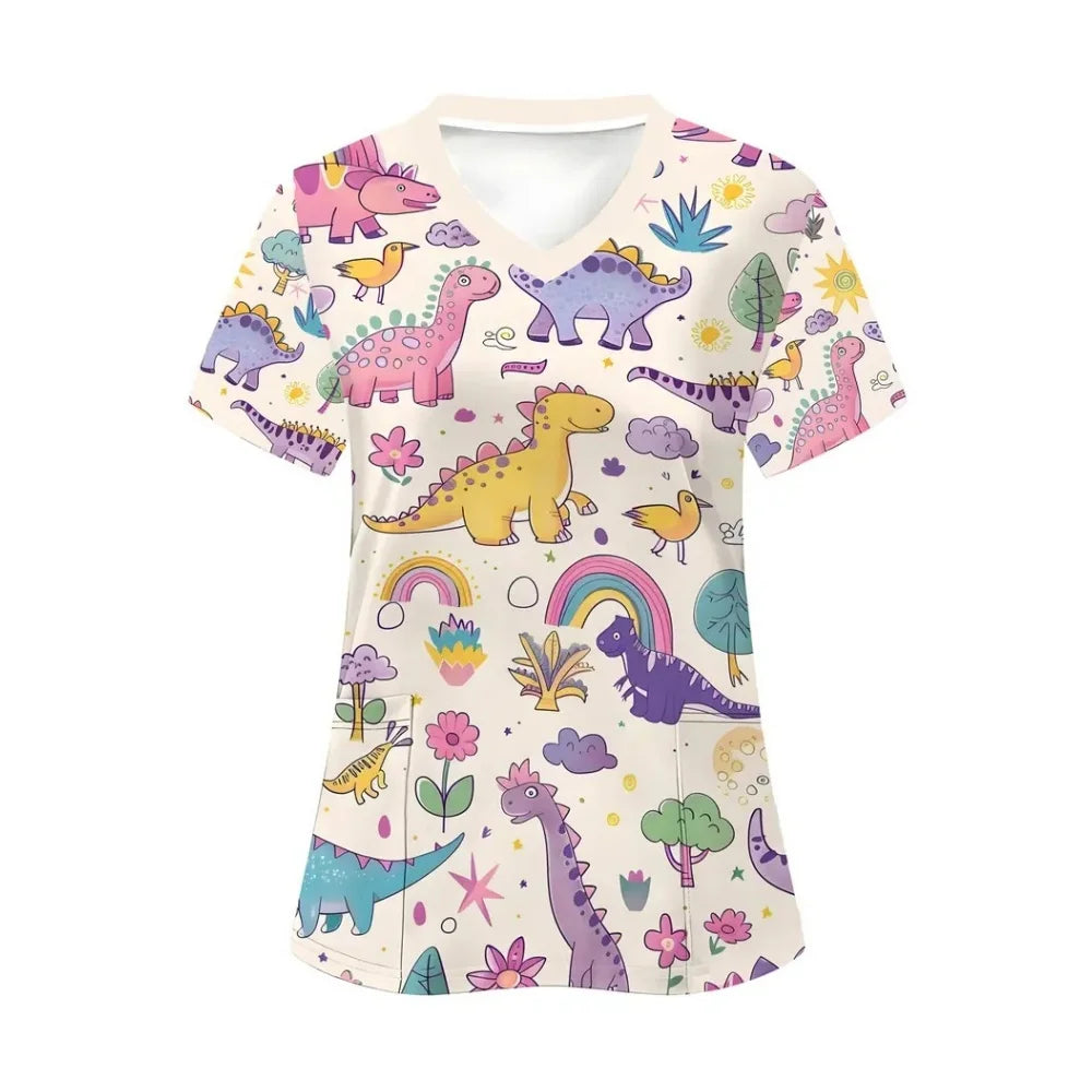 Clinical Uniform Woman Dinosaur Cartoon Print Vet Scrubs Woman Tops V-Neck Short Sleeve with Micro Stretch Nurse Uniform Woman