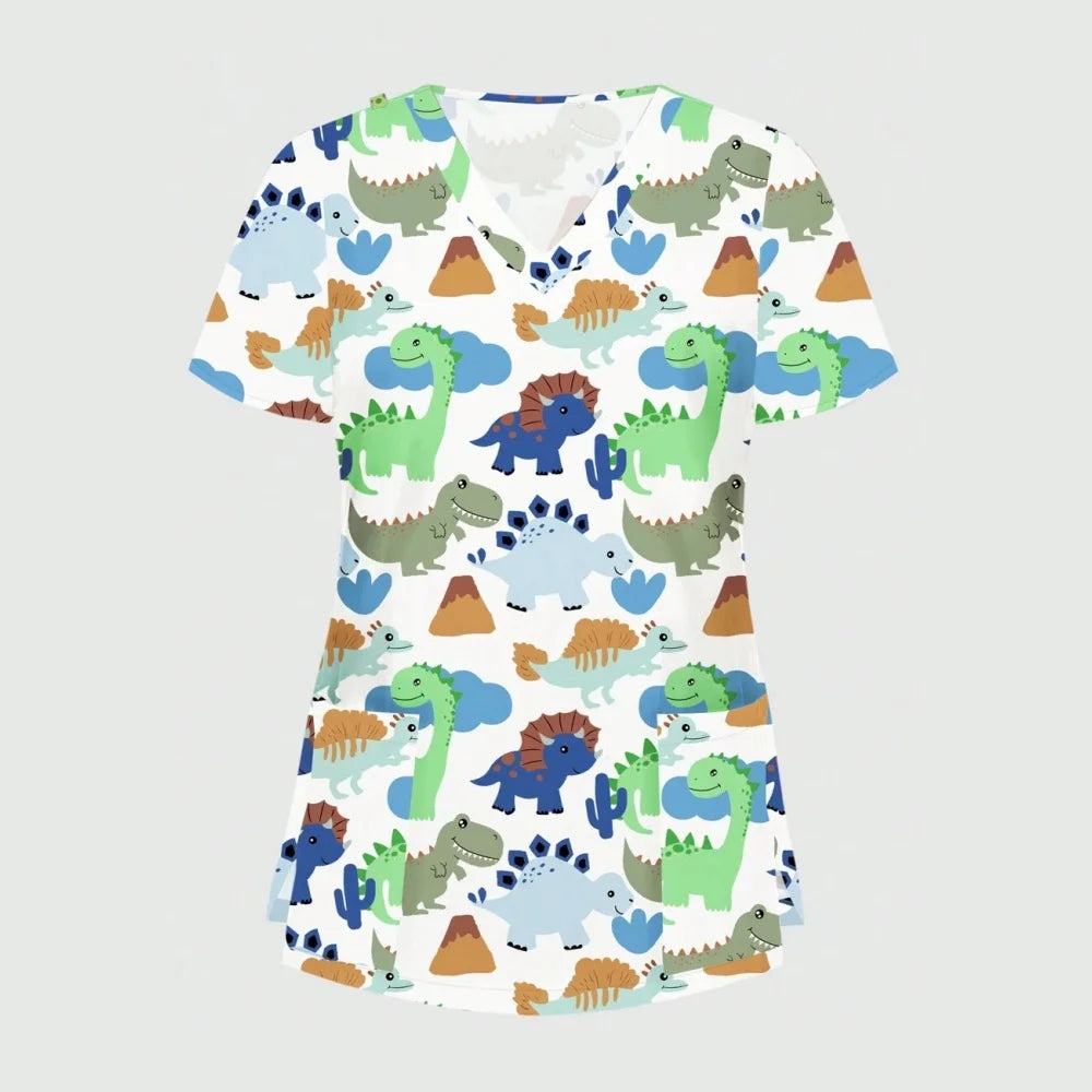 Clinical Uniform Woman Dinosaur Cartoon Print Vet Scrubs Woman Tops V-Neck Short Sleeve with Micro Stretch Nurse Uniform Woman