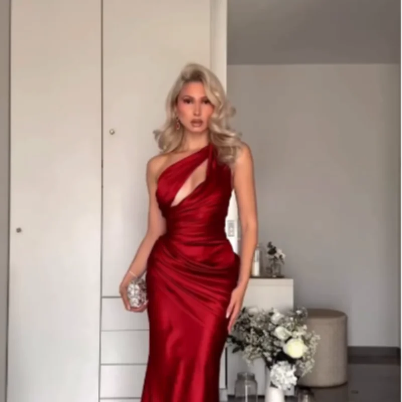 Women Green Ruched Elegant Satin Maxi Dress Mermaid One-shoulder Cutout Slim Fit Flowy Vestido 2026 Lady Summer Evening Vestidos