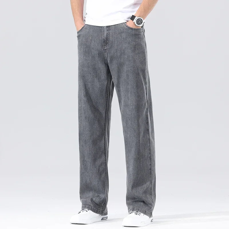 Men's Loose Jeans Summer Fashion Drape Soft Fabric Ultra Thin Pants Wide Legs Ice Silk Lyocell Business Straight Denim Trousers