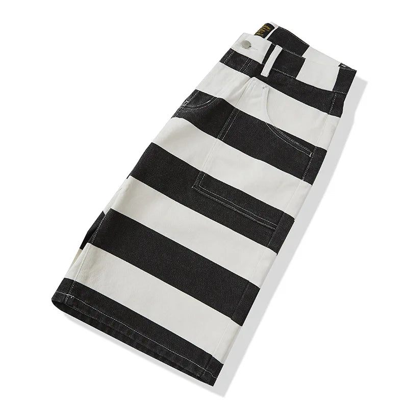 0802 Summer Shorts For Men Classic Vintage Stripe Cotton Casual Straight Mid-Waist Harajuku Street Male Pants Cargo Clothing