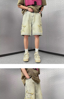 Star Patchwork Yellow Clay Color Jeans Summer Men Denim Shorts Trendy Streetwear Five-point Pants Straight Jeans Shorts
