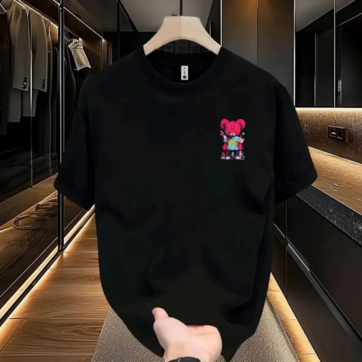 2025 Summer Men's Breathable Round Neck T-shirt Cartoon Bear Pattern Outdoor Polyester Casual Top