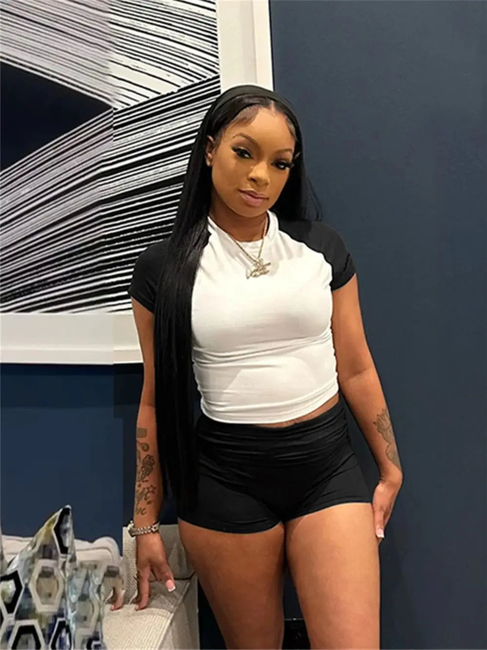 Weird  Puss Sporty Patchwork 3 Piece Set Women Casual Summer Headband+Crop Top+High Waist Bike Shorts Street Matching Tracksuit