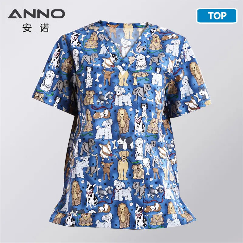 ANNO Hospital Staff Scrubs Top Medical Sanitary Nursing Uniform Dental Clinic Print Beauty Caregiver Coveralls