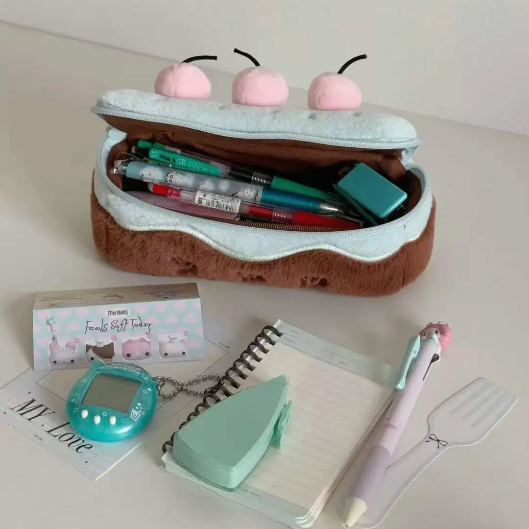 INS Fashion Korean Cream Swiss Roll Plush Pencil Case Student Desktop Storage Stationery Pen Bag Cute Girl Makeup Bag