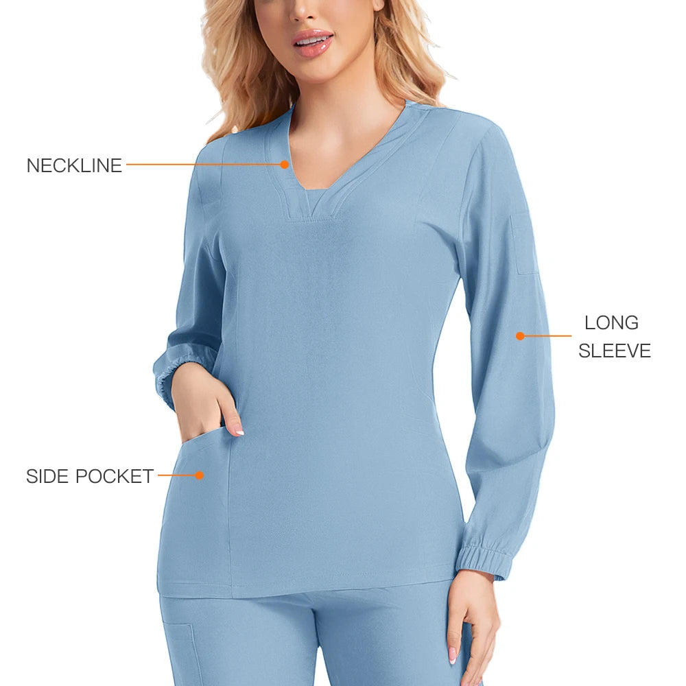 New Scrubs Nurse Uniforms Long Sleeve V-neck Top+Straight Pants Women Multicolor Nursing Scrubs Set Pet Doctor Medical Workwear