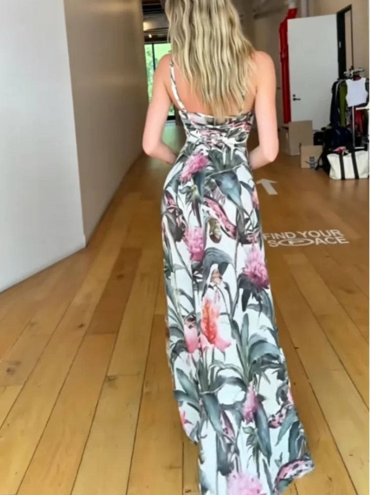 Women's Vacation Maxi Dress Sexy Floral Print Sweetheart Neck Sleeveless Evening Gowns Back Tie Up Robes New Summer Lady Dresses