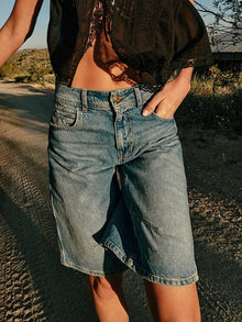 New Womens Knee Length Denim Shorts Solid Color Low Waist Wide Leg Jean Shorts For Summer Club Street Style S-2XL