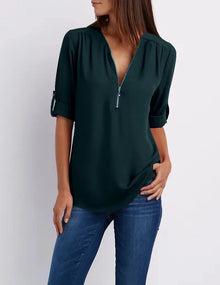 2025 Hot Sale Women Cool Loose Shirt Deep V Neck Chiffon Fashion Blouse Casual Ladies Tops Sexy Zipper Pullover Plus Size