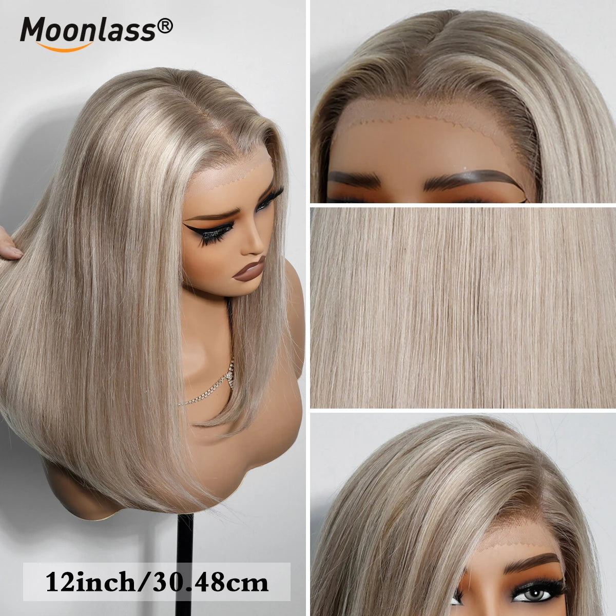 Moonlass Highlight Stardust Grey Gold Blunt Cut Bob 100% Human Hair Wig 210% Density 5x7 Glueless Wig Effortless Morning Routine