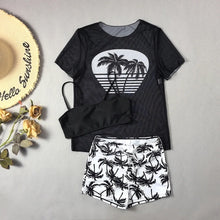 Palm Tree Print Mesh High Waisted Boyleg Bikini Set