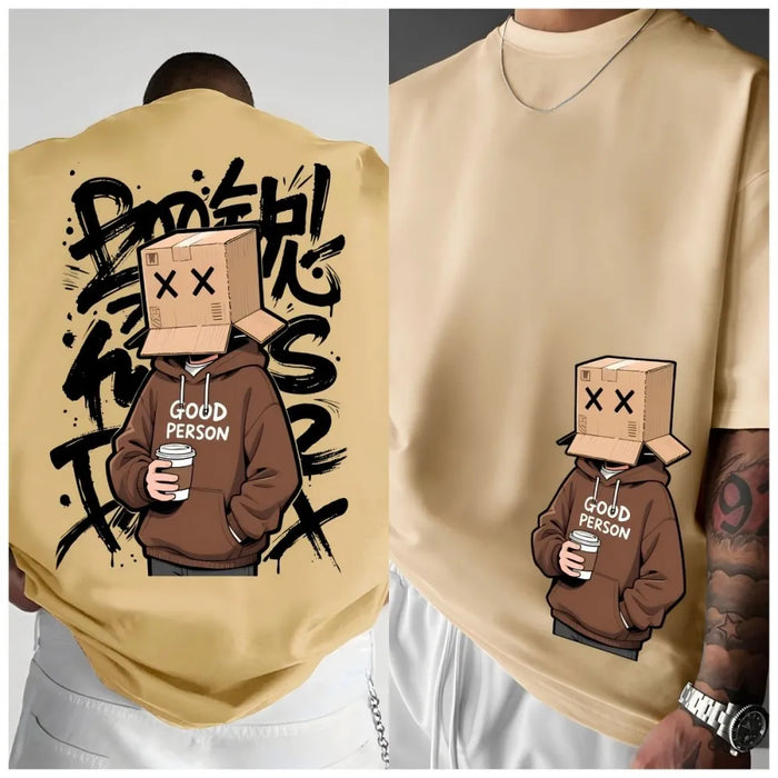 T-shirt à col rond pour homme, style américain, imprimé graffiti lettres et personnages de dessin animé, confortable et respirant, haut de plein air pour la ville.