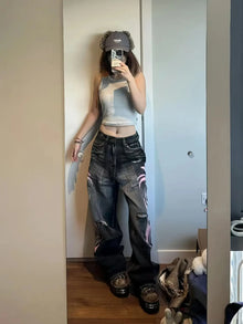 Men's Mottled Totem Print Jeans American Style Old Washed Wide Leg Retro Loose Fashion Trend Wide Leg Jeans Goth Pant Y2K Unisex
