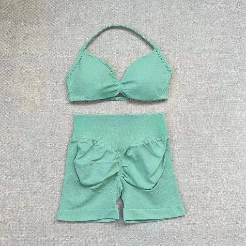 NO Logo Gym impact shorts set Strap Top Women's Long Line Strap Vest Pads Yoga Clothes Fitness Exercise Running Sports Clothes