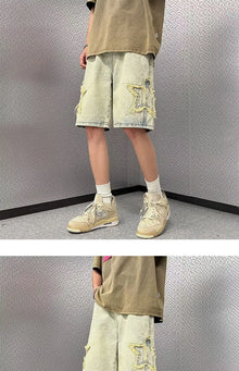 Star Patchwork Yellow Clay Color Jeans Summer Men Denim Shorts Trendy Streetwear Five-point Pants Straight Jeans Shorts