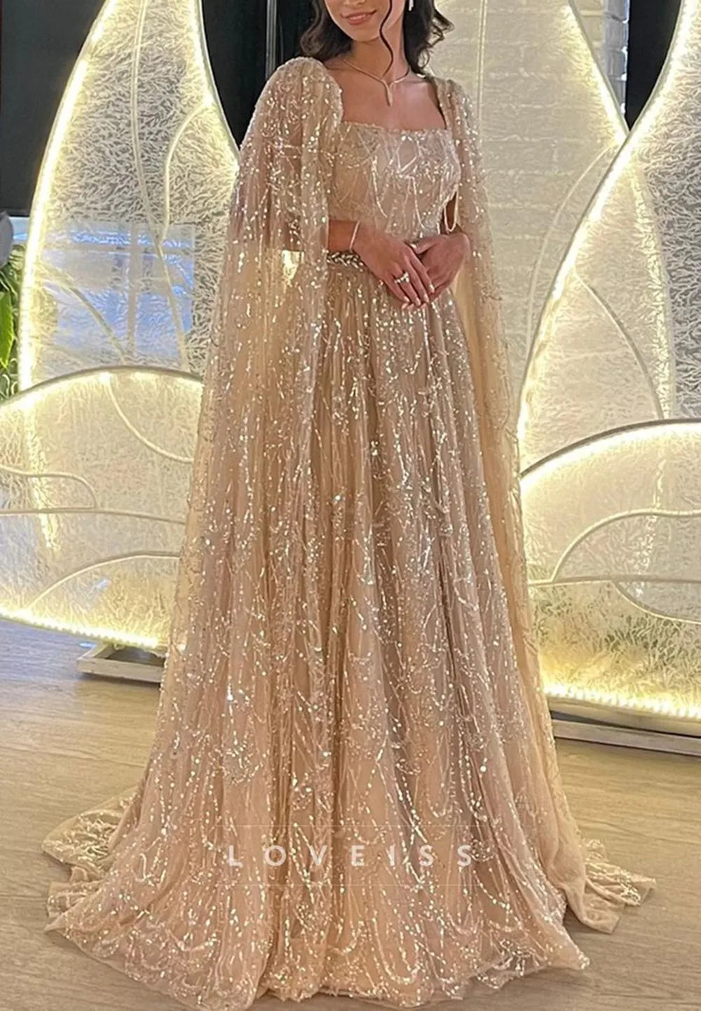 FATAPAESE Luxury Beads Sequins Cape Evening Dresses Champagne A Line Tulle Wedding Guest Dress for Arabic Dubai Saudi