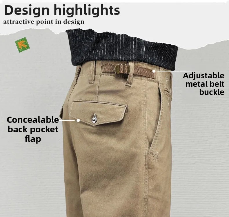 Men's Casual Cotton Pants Autumn Winter Loose Straight Leg High Elastici Bussiness Mid Waist American Retro Workwear Trousers