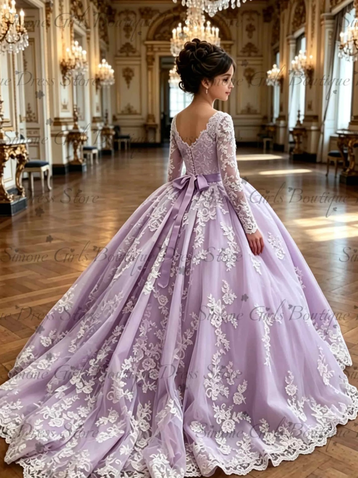 Pink Long Sleeve Flower Girl Dress with Bow/Train Kids Beaded Lace Wedding Party First Communion Dress Customized Birthday Gown