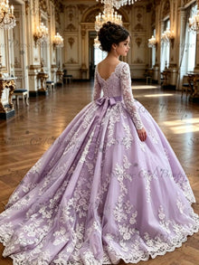 Pink Long Sleeve Flower Girl Dress with Bow/Train Kids Beaded Lace Wedding Party First Communion Dress Customized Birthday Gown