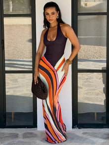 Halter Neck Backless Maxi Dress Women Colorful Swirl Print