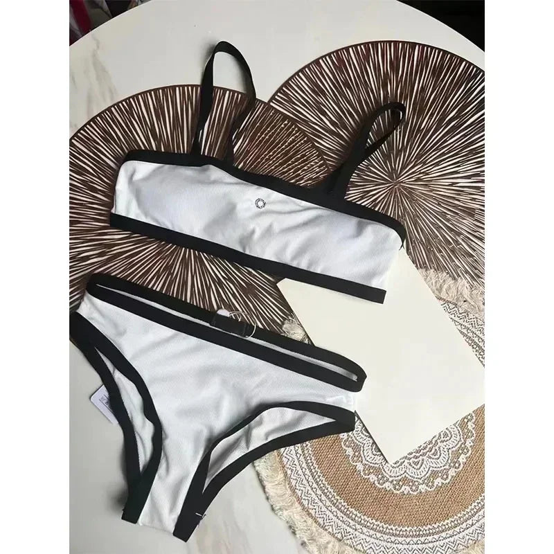 Summer Women Color Block Split Bikini Sexy Strap Simple Two Piece Swimsuit Beachwear Black White