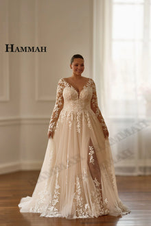 HAMMAH Trendy Long Sleeves Bridal Dress Slit Lace Appliques V-neck Zipper A-line Chapel Train Vestidos De Novia Customized